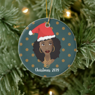 Black Woman, Christmas Santa Hat, Polka Dot Teal Ceramic Ornament