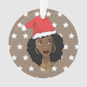 Black Woman Christmas Santa Hat, White Stars Brown Ornament