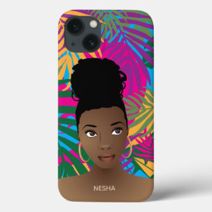 Black Woman, Colorful Tropical Leaf Pattern iPhone 13 Case