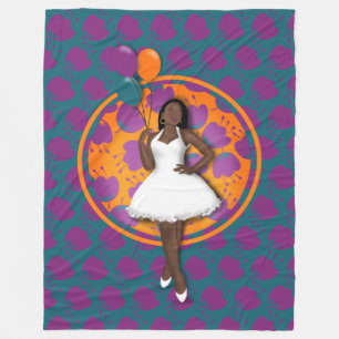 Black Woman Colourful Balloons Flower Pattern Teal Fleece Blanket