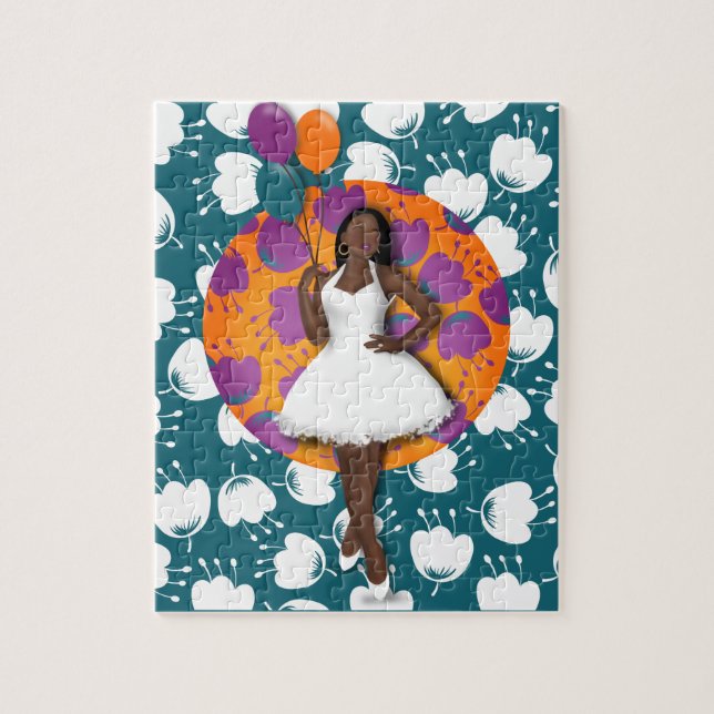 Black Woman Colourful Balloons Flower Pattern Teal Jigsaw Puzzle (Vertical)
