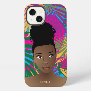 Black Woman, Colourful Tropical Leaf Pattern iPhone 13 Case