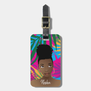 Black Woman, Colourful Tropical Leaves, Monogram Luggage Tag