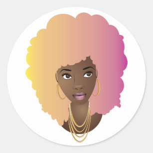 Black Woman, Colourful Yellow, Orange & Pink Hair Classic Round Sticker