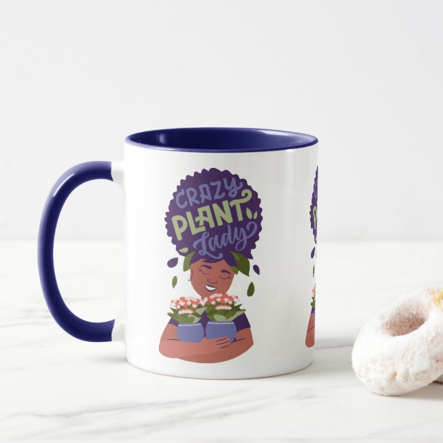 Black Woman Crazy Plant Lady, Hugging Plants Mug (With Donut)