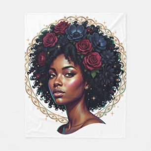 Black Woman Dark Floral Afro Fleece Blanket