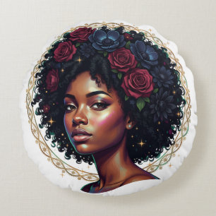 Black Woman Dark Floral Afro Round Pillow