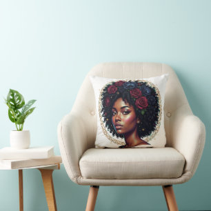 Black Woman Dark Floral Afro Throw Pillow