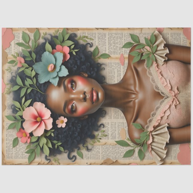 Black Woman Floral Portrait Decoupage Paper (Front)