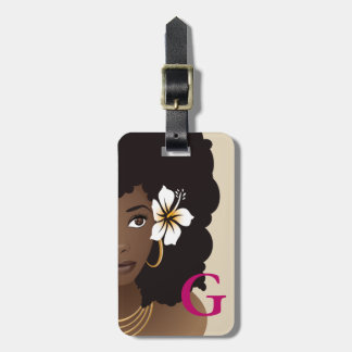 Black Woman Flower in Hair, Monogram, Pink & Beige Luggage Tag