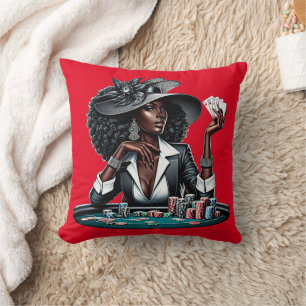 Black woman Gambling Casino Cards Poker Chips Art Throw Pillow