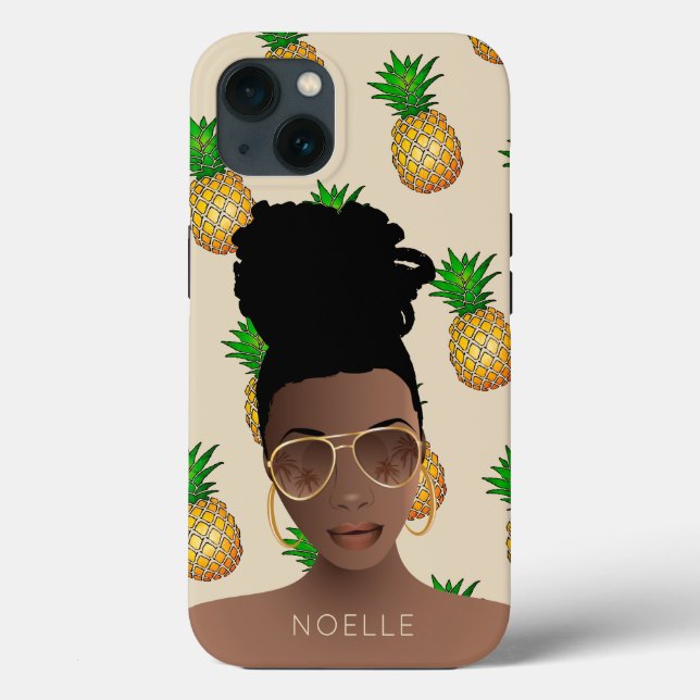 Black Woman, Gold Shades, Pineapple Pattern, Beige Case-Mate iPhone Case (Back)