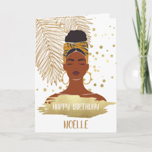 Black Woman, Gold Tropical Leaf, Birthday Card