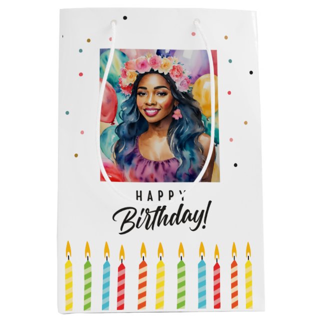 Black Woman Happy Birthday Multicolor Medium Gift Bag (Front)