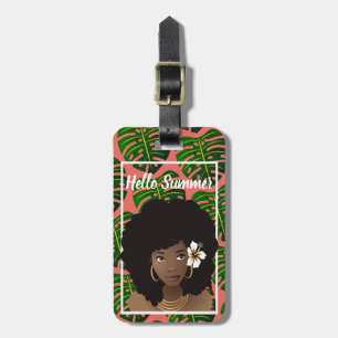 Black Woman, Hello Summer, Tropical Leaves, Coral Luggage Tag