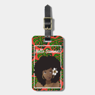 Black Woman, Hello Summer, Tropical Leaves, Red Luggage Tag
