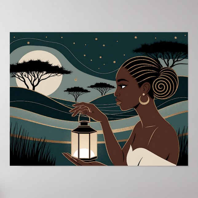 Black Woman Holding a Lantern at Night Poster (Front)