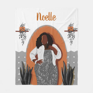 Black Woman, Houseplants, Orange & Grey Fleece Blanket
