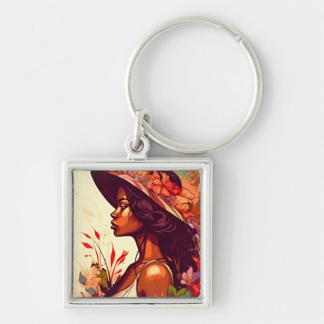 Black Woman in Floral Garden All Occasions Design Keychain (Front)