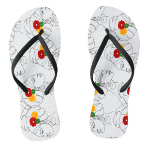 Black Woman Line Art Head Wrap Flowers Flip Flops