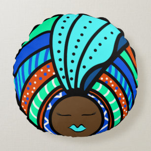 Black Woman Mandala, Turq Round Pillow
