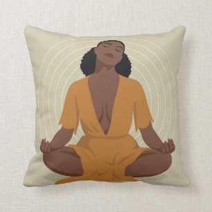 Black woman meditating, boho style throw pillow