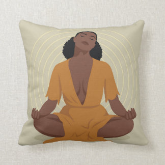 Black woman meditating, boho style throw pillow