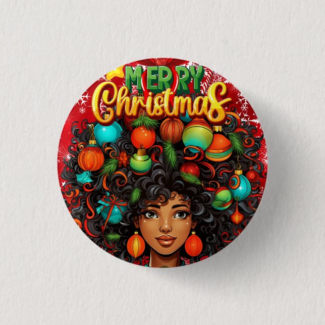 Black Woman Melanin Christmas Afro Natural Queen 1 Inch Round Button (Front)
