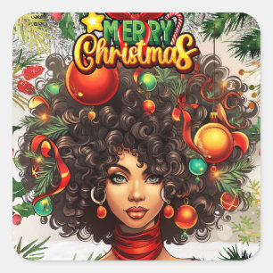 Black Woman Melanin Christmas Afro Natural Queen Square Sticker