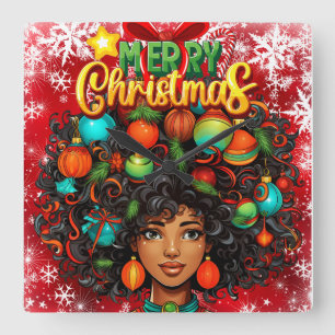 Black Woman Melanin Christmas Afro Natural Queen Square Wall Clock