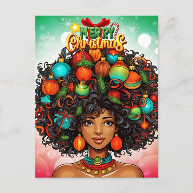 Black Woman Melanin Christmas Tree Xmas Ornaments Postcard (Front)