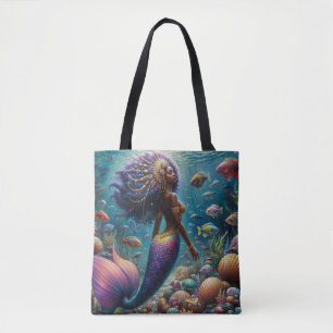 Black Woman Mermaid With Purple Tail Underwater Tote Bag