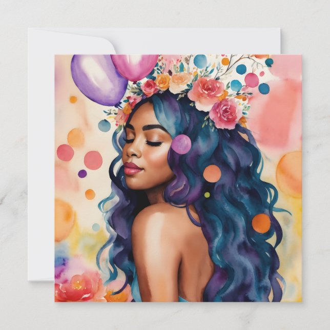 Black Woman Multicolor Party Art Thank You Card (Front)