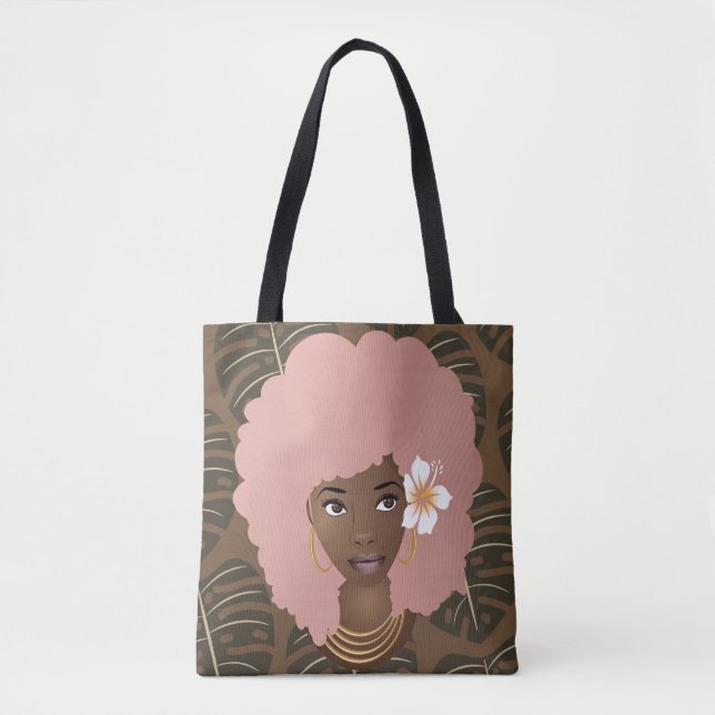 Black Woman, Pink Afro, Leaf Pattern, Brown Tote Bag (Front)