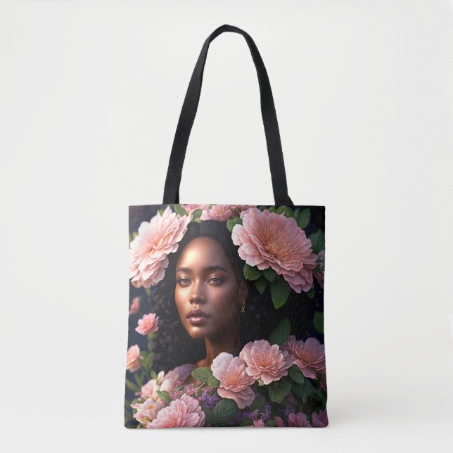 Black Woman Pink Floral Digital Art  Tote Bag (Front)