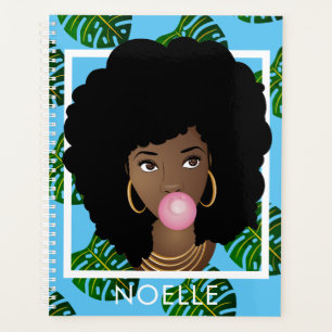 Black Woman, Popping Bubble Gum Leaf Pattern Blue Planner
