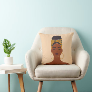Black Woman Portrait, Head Wrap & Hoops Throw Pillow