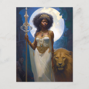 Black Woman Queen With Lion Fantasy Art Postcard