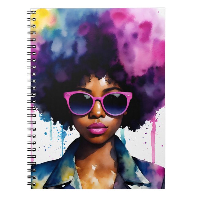 Black Woman Rainbow Afro Hair and Sunglasses Art Notebook (Front)