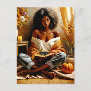 Black Woman Reading Book Autumn Art Postcard