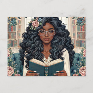 Black Woman Reading Book Wearing Glasses Postcard