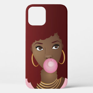 Black Woman, Red Afro, Popping Pink Bubblegum iPhone 12 Case