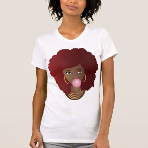 Black Woman, Red Afro, Popping Pink Bubblegum T-Shirt