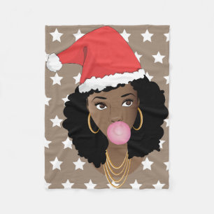 Black Woman, Red Santa Hat, Bubblegum, White Stars Fleece Blanket