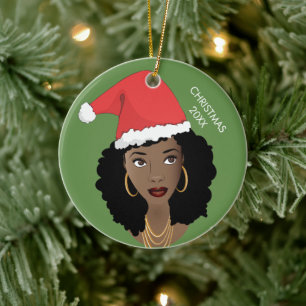 Black Woman, Red Santa Hat, Current Year, Green Ceramic Ornament