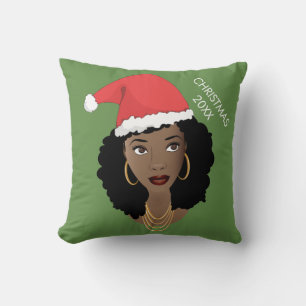 Black Woman, Red Santa Hat, Current Year, Green Throw Pillow