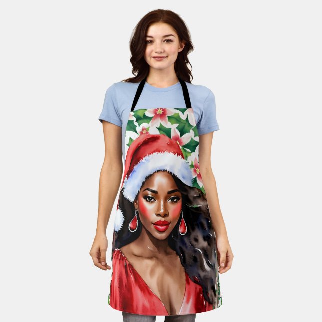 Black Woman Santa Hat Christmas Apron (Worn)