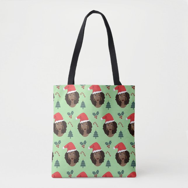 Black Woman, Santa Hat, Christmas Pattern Green Tote Bag (Front)