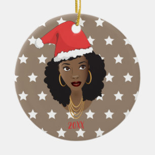 Black Woman, Santa Hat, White Stars Pattern, Brown Ceramic Ornament