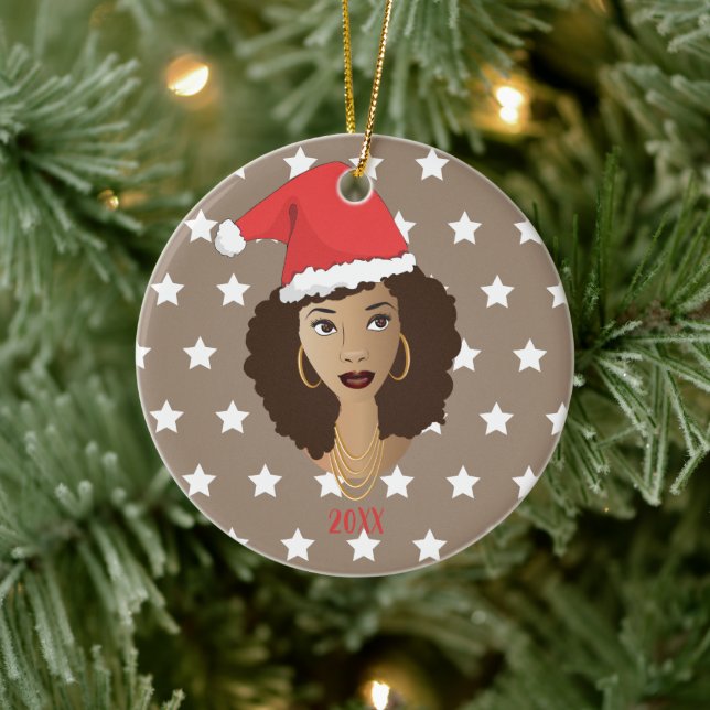 Black Woman, Santa Hat, White Stars Pattern, Brown Ceramic Ornament (Tree)